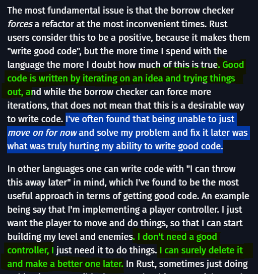 I agree 100% with this but #Ziglang has the same problem, if more bite sized. 

I think Zig is fantastic but there's a strong tendency to enforce that all code, even the code that isn't meant to survive, is good code.

And yes, this inevitably leads to worse code.
