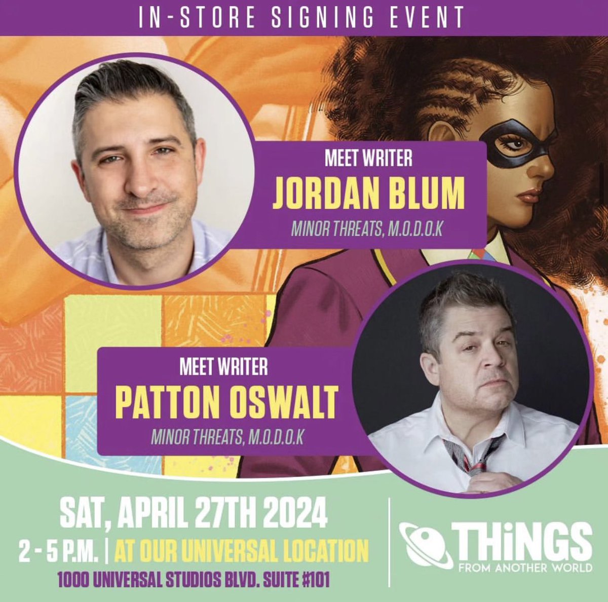 Catch @BlumJordan and @pattonoswalt tomorrow Saturday 4/27 at @universalTFAW from 2-5pm! Our dynamic writing duo will be signing all things Minor Threats! You know you need a copy of the brand new MH: Alternates TPB signed! 🦀