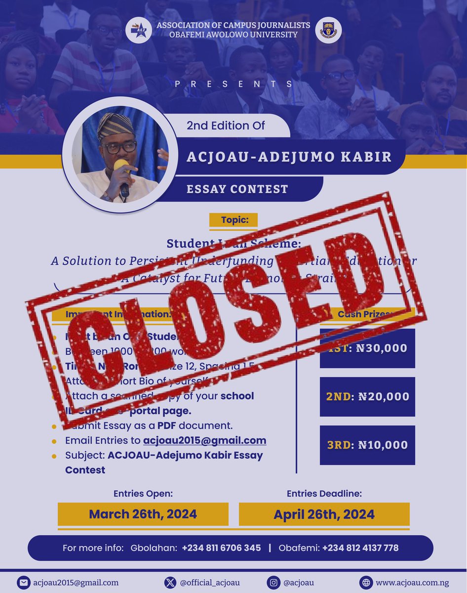 The submission deadline for the second edition of the ACJ-OAU Adejumo Kabir Essay Contest has passed. Thank you to all the participants. We will be announcing the Top Finalists in due time. Kindly stay tuned! Best wishes.