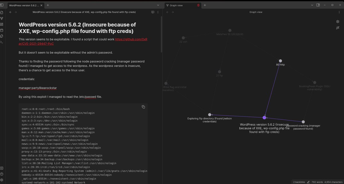 Tomar notas en un pentest es un arte.

Puedes hacerlo horrible y cuando vuelves no entiendes nada.

O puedes hacerlo con tanto amor que siempre que las veas, entenderás como el ataque tomó forma.

Y obsidian me ha ayudado mucho para eso. 🤓

Solo miren como queda:
