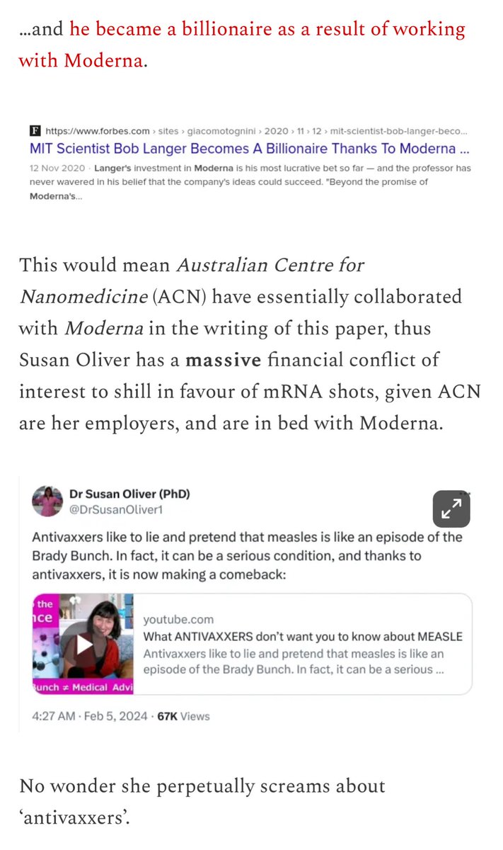 @DrSusanOliver1 No, Susan it’s not your feature in the Austin Powers movie. You work at the Boyer Lab, based at the University of New South Wales (UNSW), under Cyrille Boyer, who is the co-director of the Australian Centre for Nanomedicine (ACN). 
ACN has ties to Moderna.