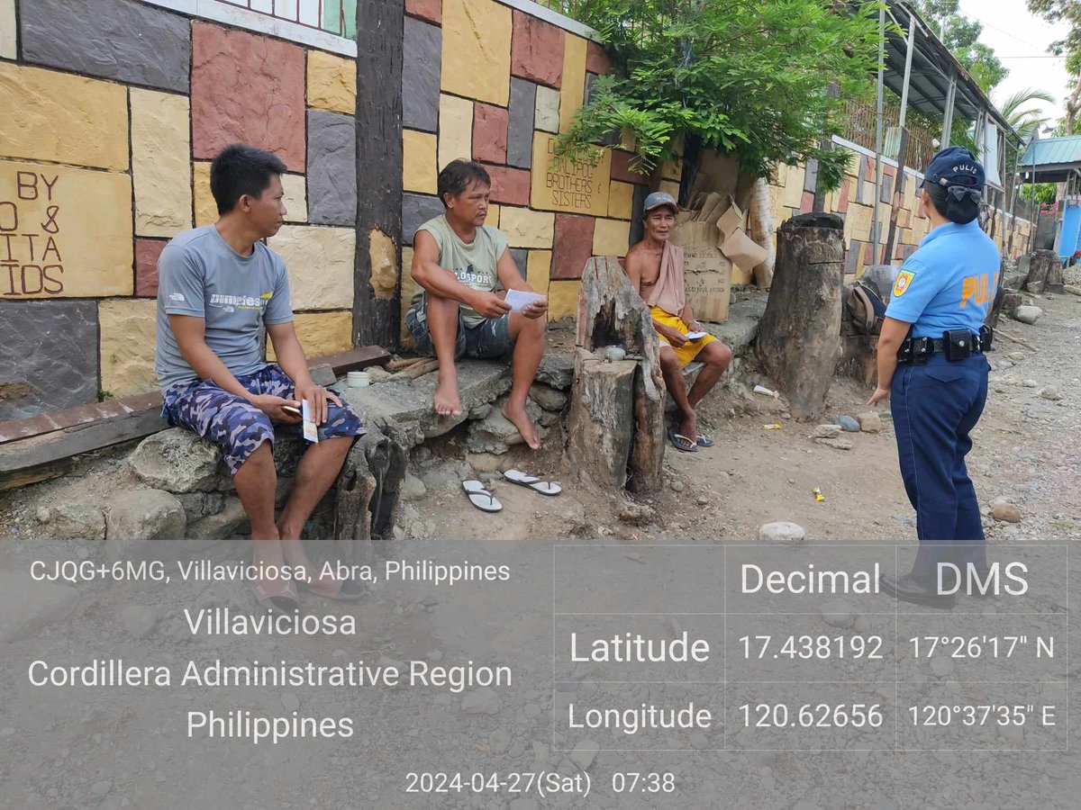 On April 27, 2024, at 7:38 AM, Pat. Leslie Melody Dasalla had a dialogue to the resident of Barangay Poblacion, Villaviciosa, Abra regarding Anti-illegal drugs campaign, deceptive recruitment of the CPP-NPA-NDF and NTF-ELCAC.