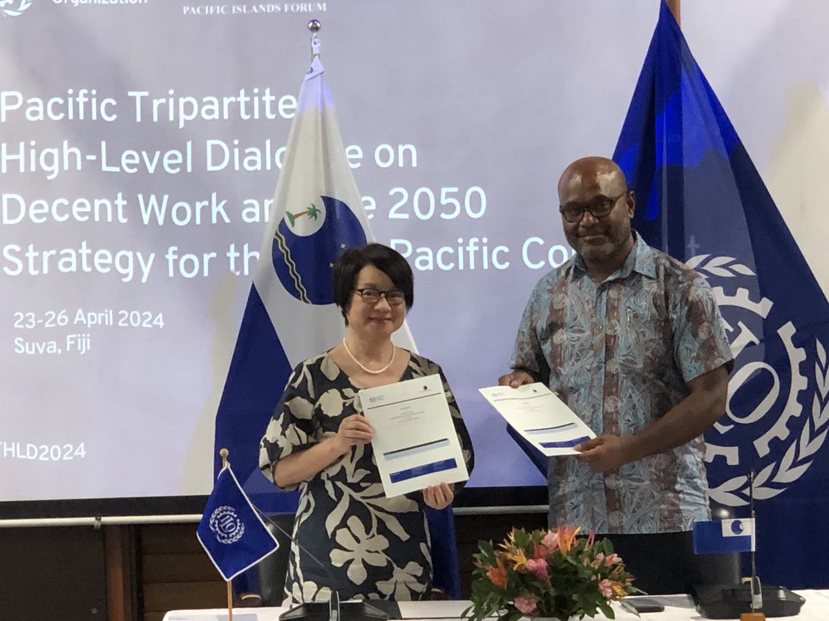 An agreement signed between @ILO & @ForumSEC places our cooperation on a more formal setting, providing a mandate to work together on many pressing world of work issues. #PTHLD2024