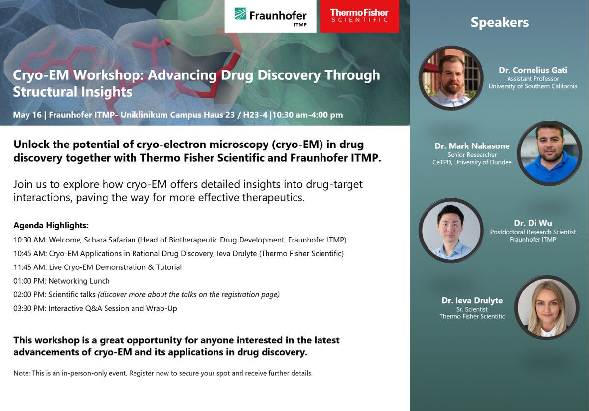 Advancing Drug Discovery Through Structural Insights 

Join us at the Cryo-EM Workshop on May 16 at Fraunhofer ITMP-Uniklinikum Campus from 10:30 AM - 4 PM!

#CryoEM #DrugDiscovery #StructuralBiology #Pharmaceutical  bit.ly/44fwyvN