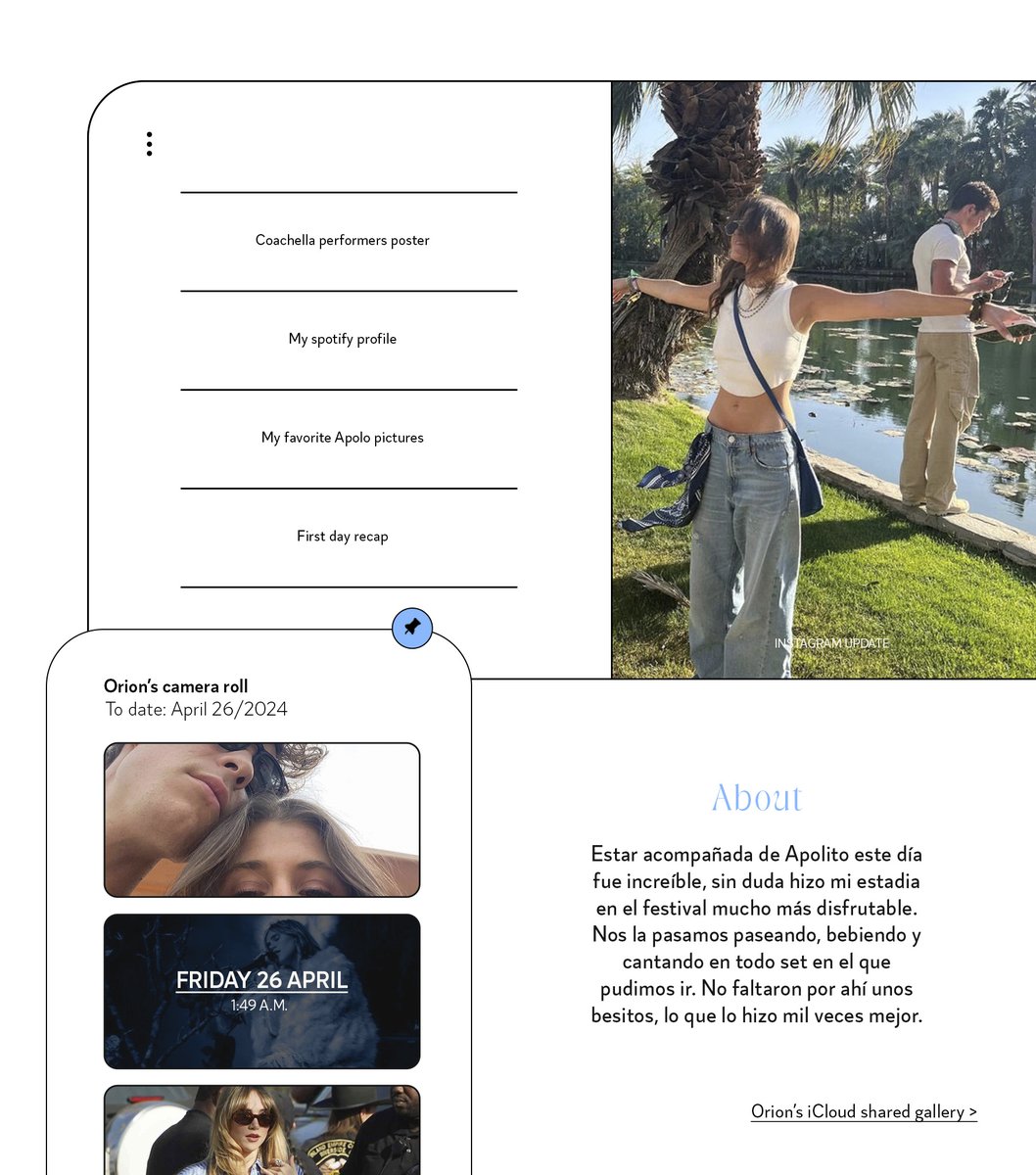 ⠀⠀⠀♡̲ ✶ ፧፧ 𝖿𝗂𝗅𝗆 𝖿𝗈𝗋 𝖮𝗋𝗂𝗈𝗇.◜ ❝Coachella!” ® Además de estar en el escenario de #CoachellaIHR, tomé el día para disfrutar del festival junto a Apolo y recorrer nuestros sets favoritos. 🩶
  ㅤㅤ— ﹫𝗳𝗼𝗹𝗸𝗏𝗂𝗇𝗒𝗅𝗌 𝑥o!