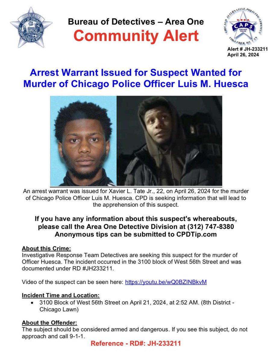 ARREST WARRANT ISSUED for SUSPECT WANTED for MURDER of #ChicagoPolice OFFICER LUIS M. HUESCA