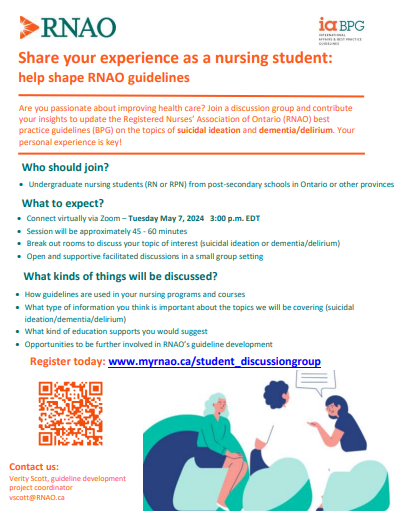 Attention Nursing Students!! You have the opportunity to share your experiences on discussions such as Dementia/Delirium and Suicidal Ideation! Please visit our linktree in our bio for the registration link! #rnao #bpso