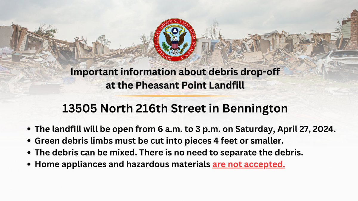 Below is some important information you need to know about dropping off storm debris at the @WasteManagement Pheasant Point Landfill, located at 13505 North 216th Street in Bennington. #stormdebris #elkhorn #bennington #douglascounty