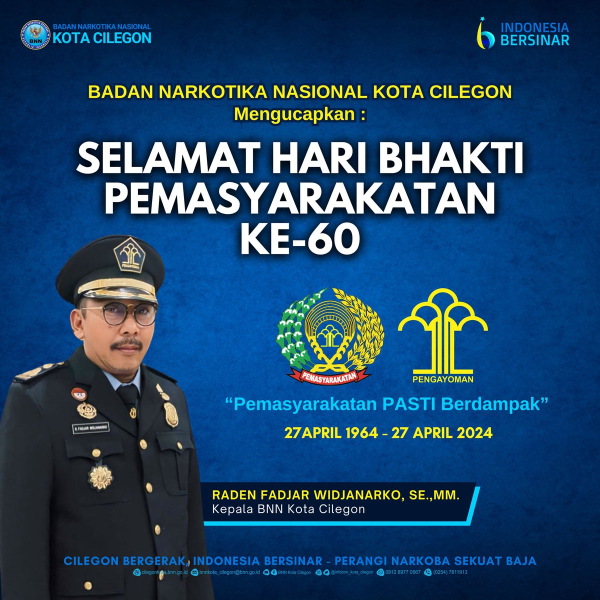 Kepala BNN Kota Cilegon dan seluruh Jajaran mengucapkan,

Selamat Hari Bhakti Pemasyarakatan Ke-60

Pemsayarakatan PASTI Berdampak

#BNNRI #indonesiabersihnarkoba #peranginarkobasekuatbaja #cilegonbergerakindonesiabersinar #stophivaids