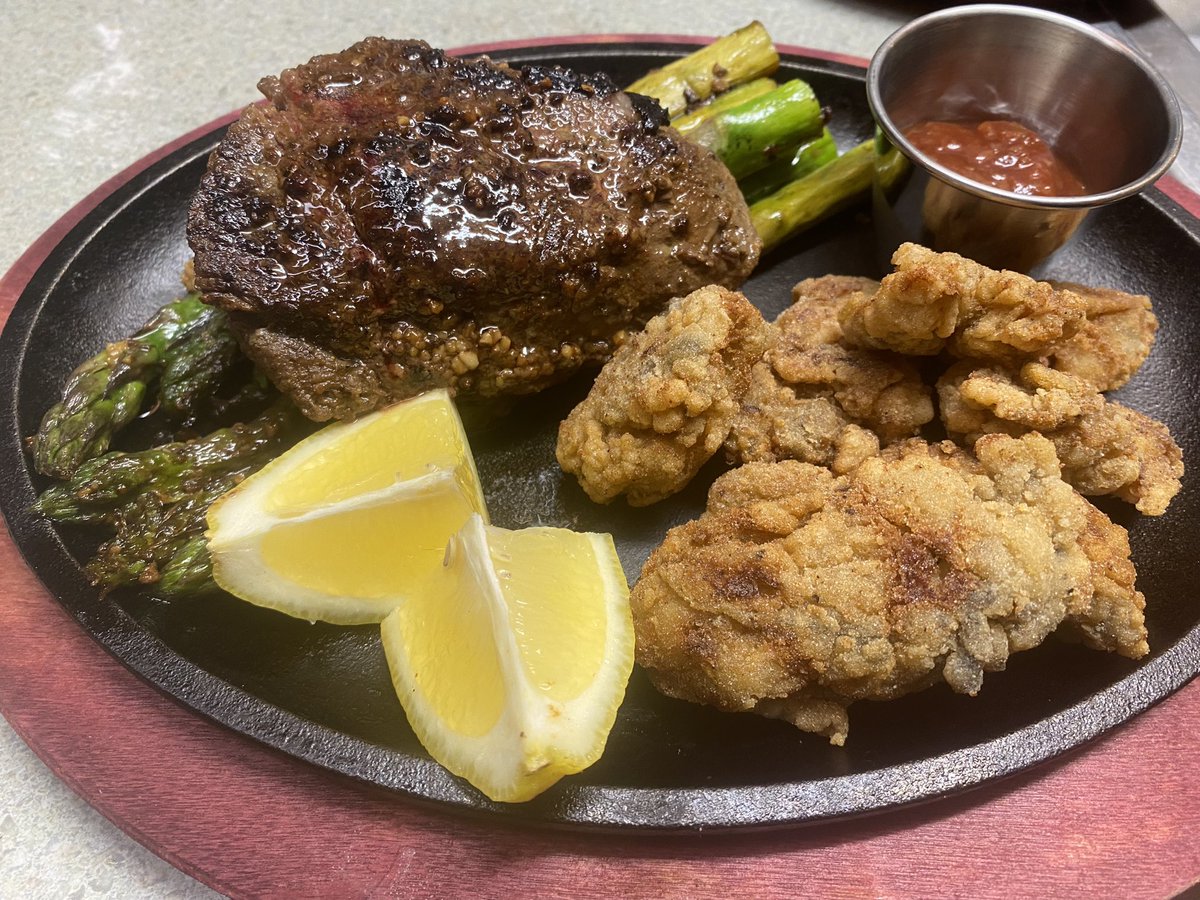 Steak and G/F fried Oysters and asparagus.