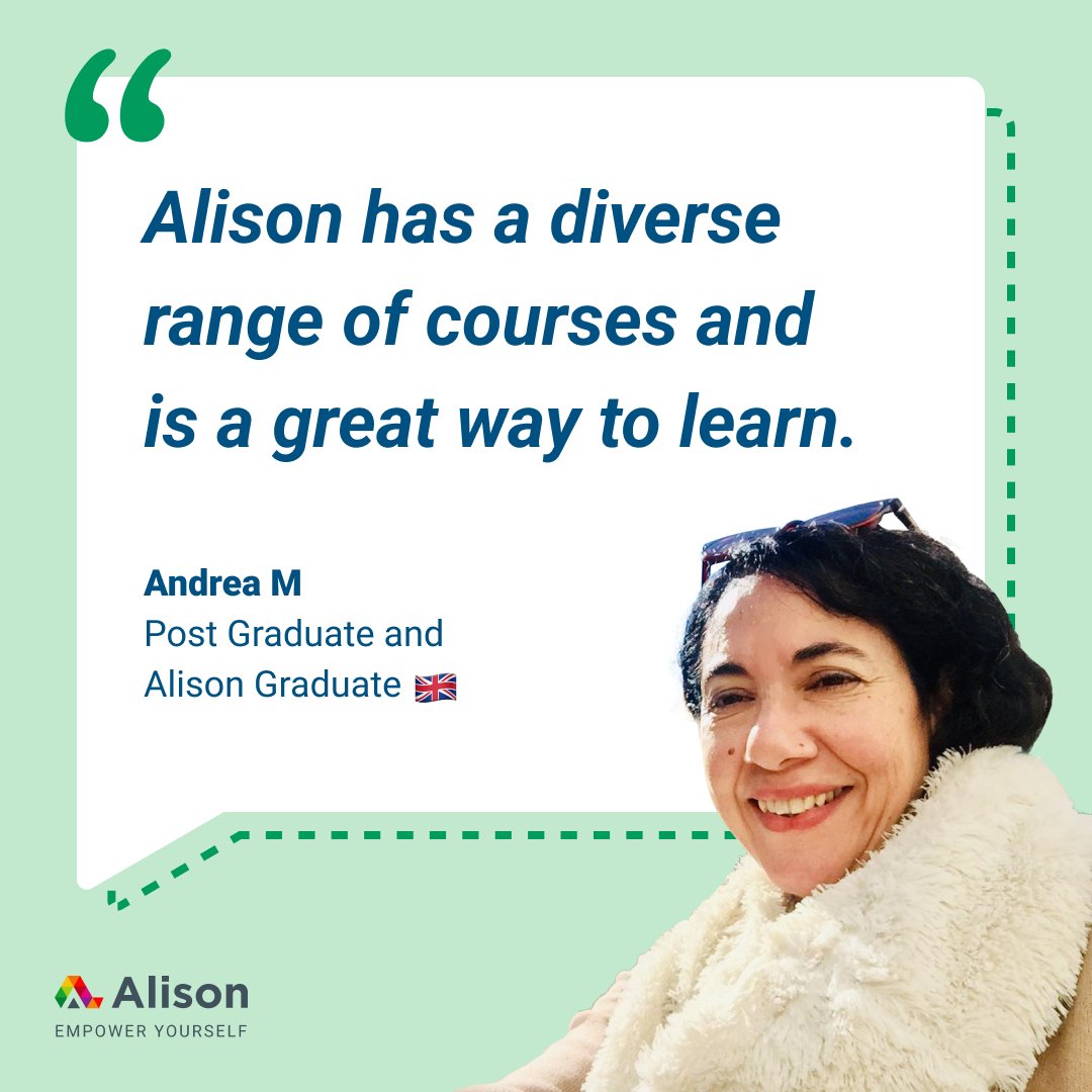 Meet Andrea from the UK, a proud postgraduate & #Alison Graduate! 🎓 

Start your learning journey to success for free, just like Andrea - ow.ly/NnBN50RnMaU. 

#FreeOnlineCourses #Career #Growth #UnitedKingdom #CareerSuccess #EmpowerYourself