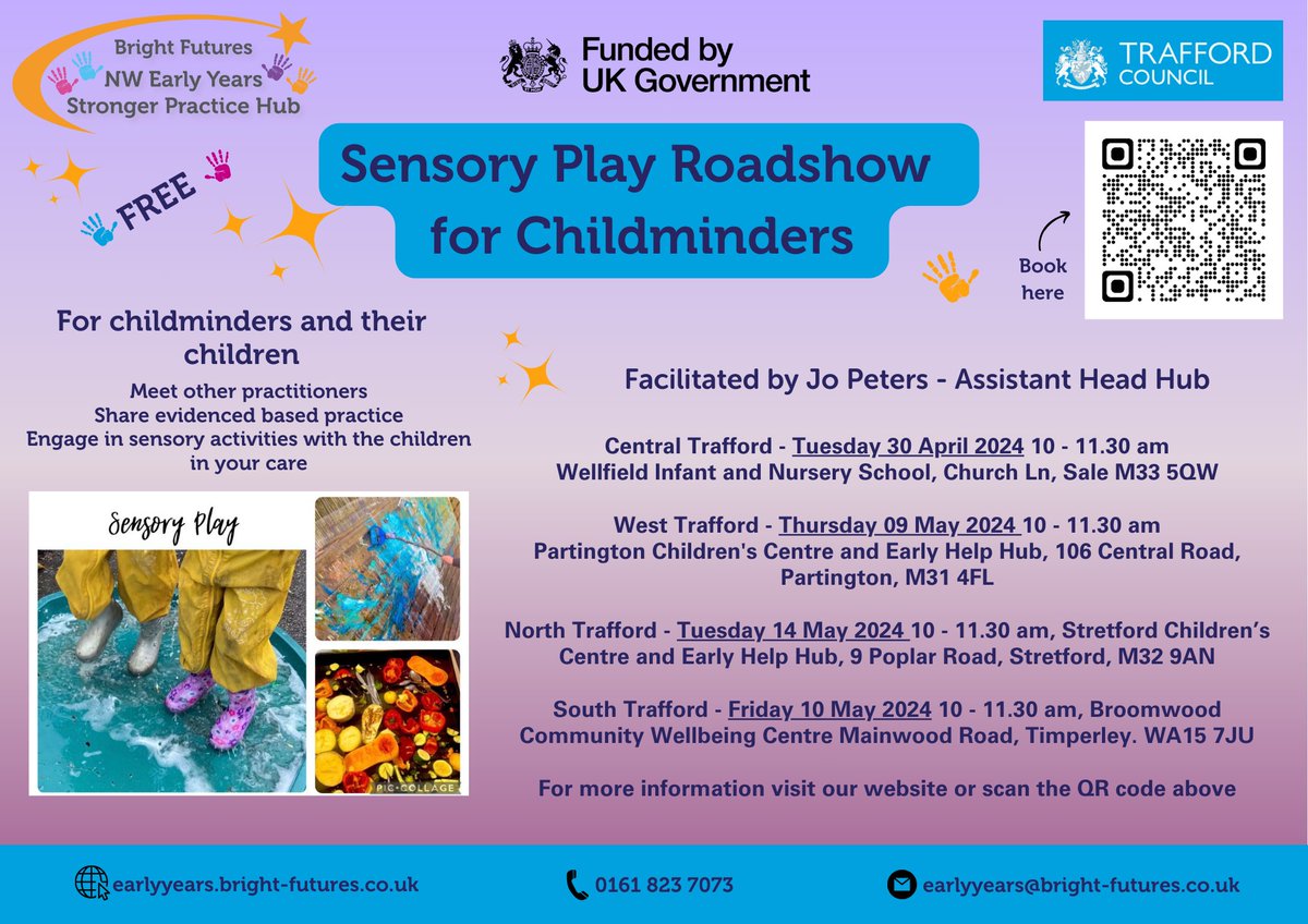 Calling all Childminders! Join us with your children at Stretford or Broomwood for our next Sensory Play Road Shows. ow.ly/5Kiy50Rp8Up #childminders #strongerpracticehubs #wearebrightfutures
