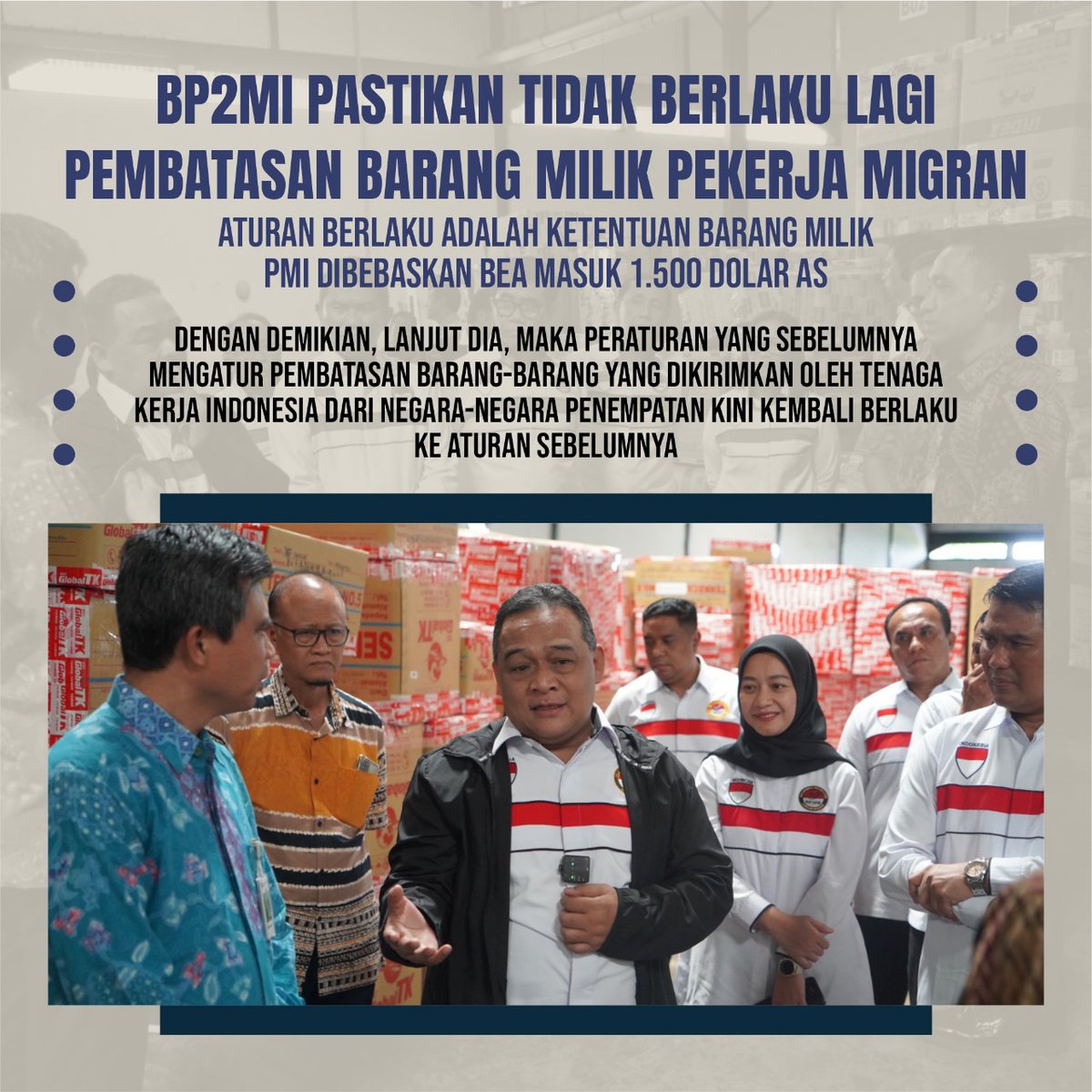 BP2MI mengusulkan agar tidak ada pembatasan terhadap barang pengiriman PMI. Krn pembatasan pengiriman barang tertahan di beberapa pelabuhan, membuat barang yang dikirim PMI untuk merayakan Idul Fitri tdk bs sampai pd Kelg PMI @Kepala_BP2MI #PerjuanganBP2MIUntukPMI