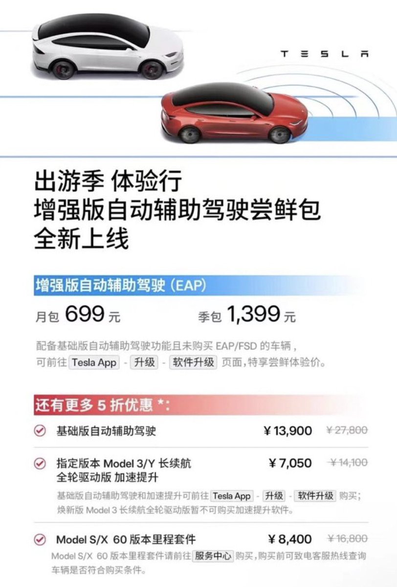 Tesla di China mula menawarkan langganan Enhance Autopilot (EAP) CN¥699 sebulan EAP di Malaysia berharga RM16,000 prlu ditambah semasa membuat pembelian namun anda bkn hanya membeli software tetapi hardware yg sedia terpasang pd kereta bagi mengaktifkannya Dimalaysia bila la tu