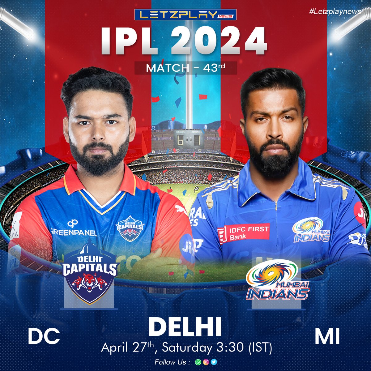 🔥 Exciting match alert! Delhi Capitals go head-to-head against Mumbai Indians today at 3:30 PM IST on April 27th, 2024, in Delhi! 🌟
-
-
-
-
#DCvsMI #IPL2024 #CricketFever #PredictToWin #ContestAlert #DelhiCapitals #MumbaiIndians #CricketMania #MatchDayMadness 🎉🏏
