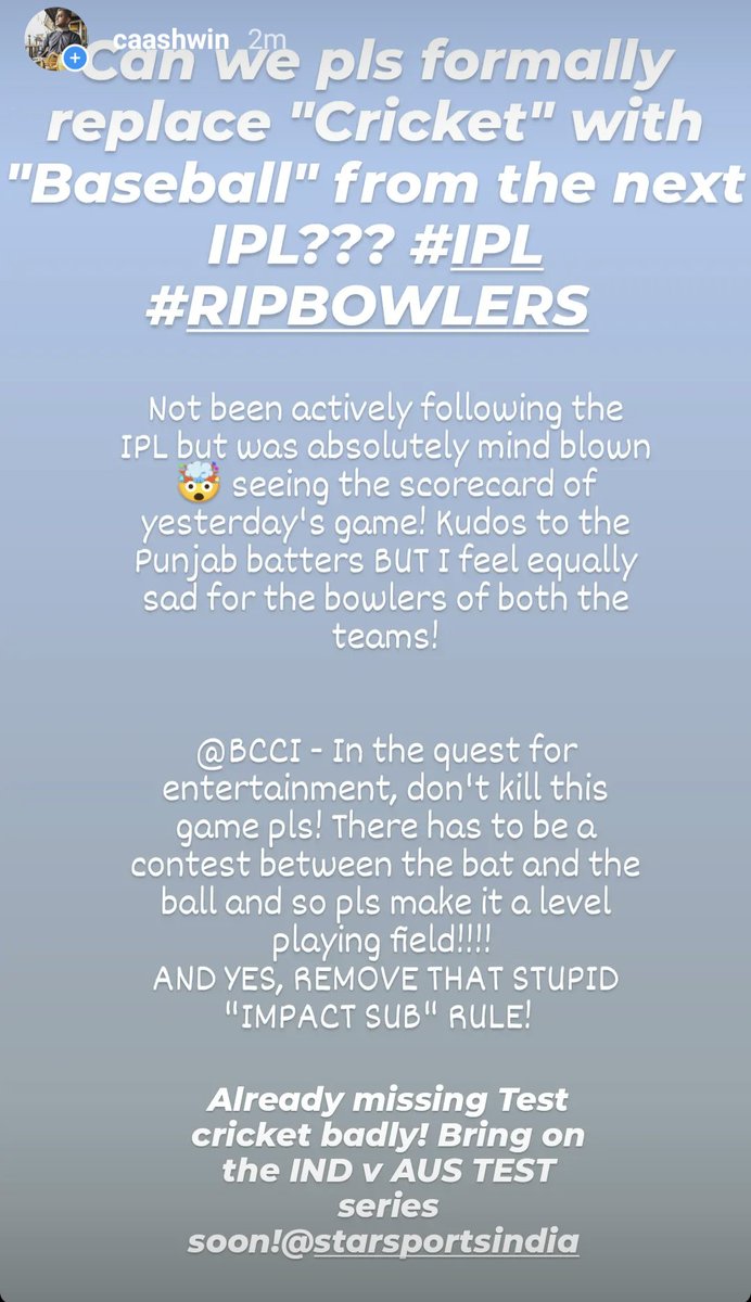 caashwin_b's tweet photo. @BCCI @IPL @StarSportsIndia @allaboutcric_ @bhogleharsha @ashwinravi99 @BrianLara @KP24 @cricketaakash @sanjaymanjrekar @wasimakramlive @WasimJaffer14 https://t.co/7d4ICAVpKE