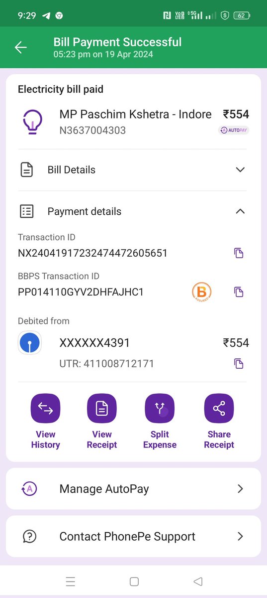 Consumer Fakir Mo.K3637004303 has paid the electricity bill of the house through PhonePe on 19 April 2024. MPEB has again added Rs 554 as double amount in the bill in the month of April. Please amend the amount in the bill and satisfy the consumer. @MPEBIndore @CMandsaur