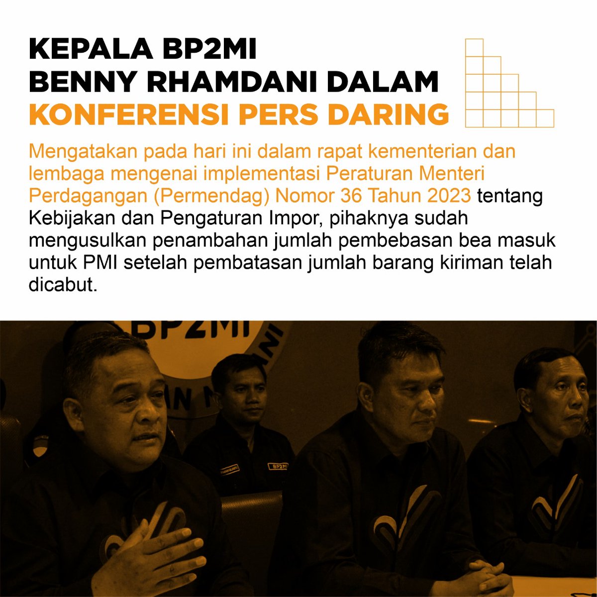 Dalam konferensi pers pada 16 April 2024 usai rapat terbatas dengan kementerian/lembaga terkait implementasi Permendag Nomor 36 Tahun 2023, Benny memastikan kembali berlaku aturan barang milik PMI dibebaskan bea masuk dengan nilai 1.500 dolar AS. #PerjuanganBP2MIUntukPMI