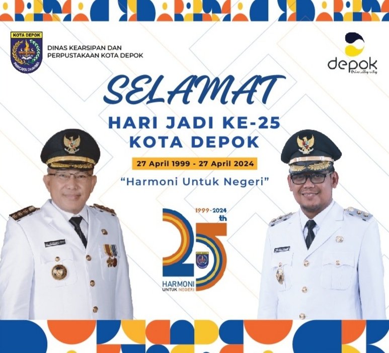 Ke pasar kemiri beli delima
Pulangnya beli batu bara
Selamat hari jadi ke dua lima
Semoga Kota Depok makin sejahtera

Dinas Kearsipan dan Perpustakaan Kota Depok mengucapkan,
"Dirgahayu Kota Depok ke-25. Harmoni untuk Negeri"
