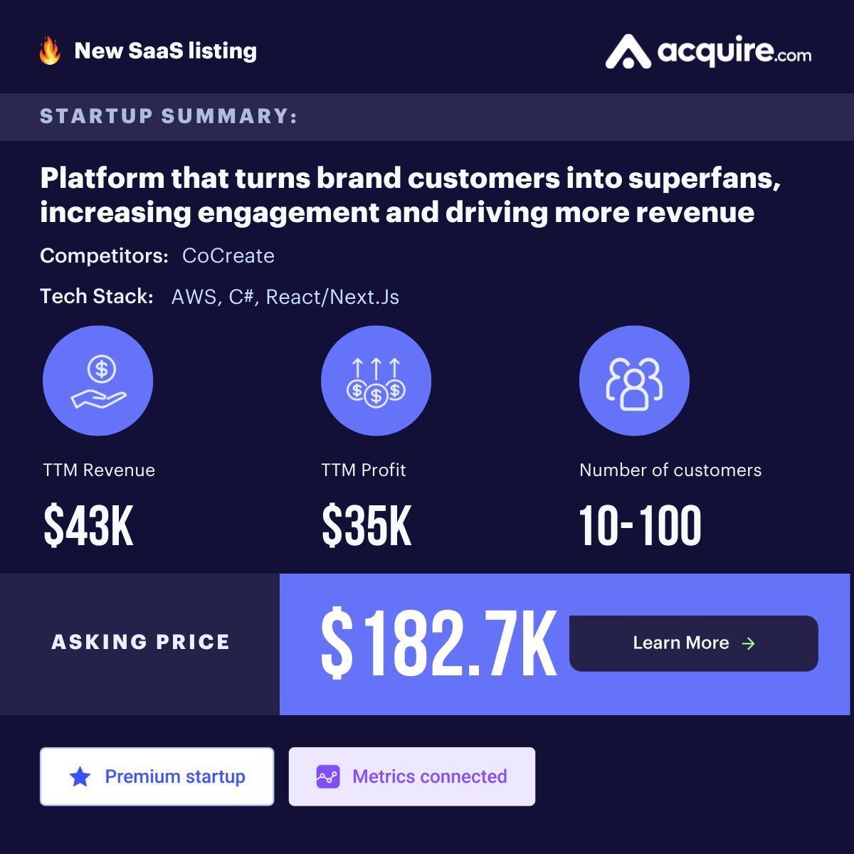 🔥 New CSM Startup Listed 🔥 SaaS | Platform that turns brand customers into superfans, increasing engagement and driving more revenue | $45k TTM revenue Asking Price: $182.7k Contact the seller here: buff.ly/48KXzIx