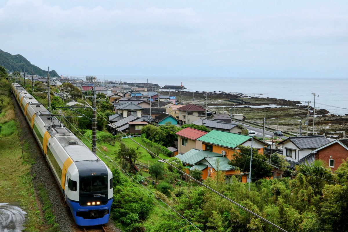 「Ocean side view Express」
太平洋と255系特急「わかしお」号。
雨上がりのこの日はまだ空も海も鉛色に染まっていた。
ヤシの木、広大な太平洋、波乗りしているサーファー達のその横を駆け抜けるのもあと僅かか。
2本連続フル点灯ありがとうございました！

2024.4.27 外房線 安房天津〜安房鴨川