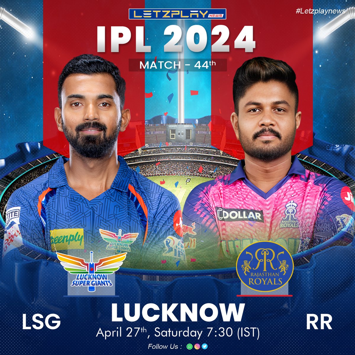 🔥 Don't miss out on the exhilarating clash as Lucknow Super Giants battle it out against Rajasthan Royals tonight at 7:30 PM IST on April 27th, 2024! 🌟

Join the excitement and experience the thrill of the game! 🔥

#LSGvsRR #IPL2024 #CricketFever #PredictToWin #ContestAlert