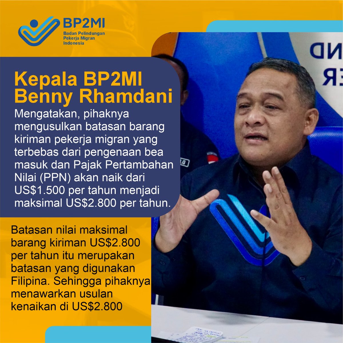 'Mudah mudahan usul BP2MI kepada Presiden Joko Widodo terkabulkan.' #PerjuanganBP2MIUntukPMI @kepala_BP2MI Benny Rhamdani
