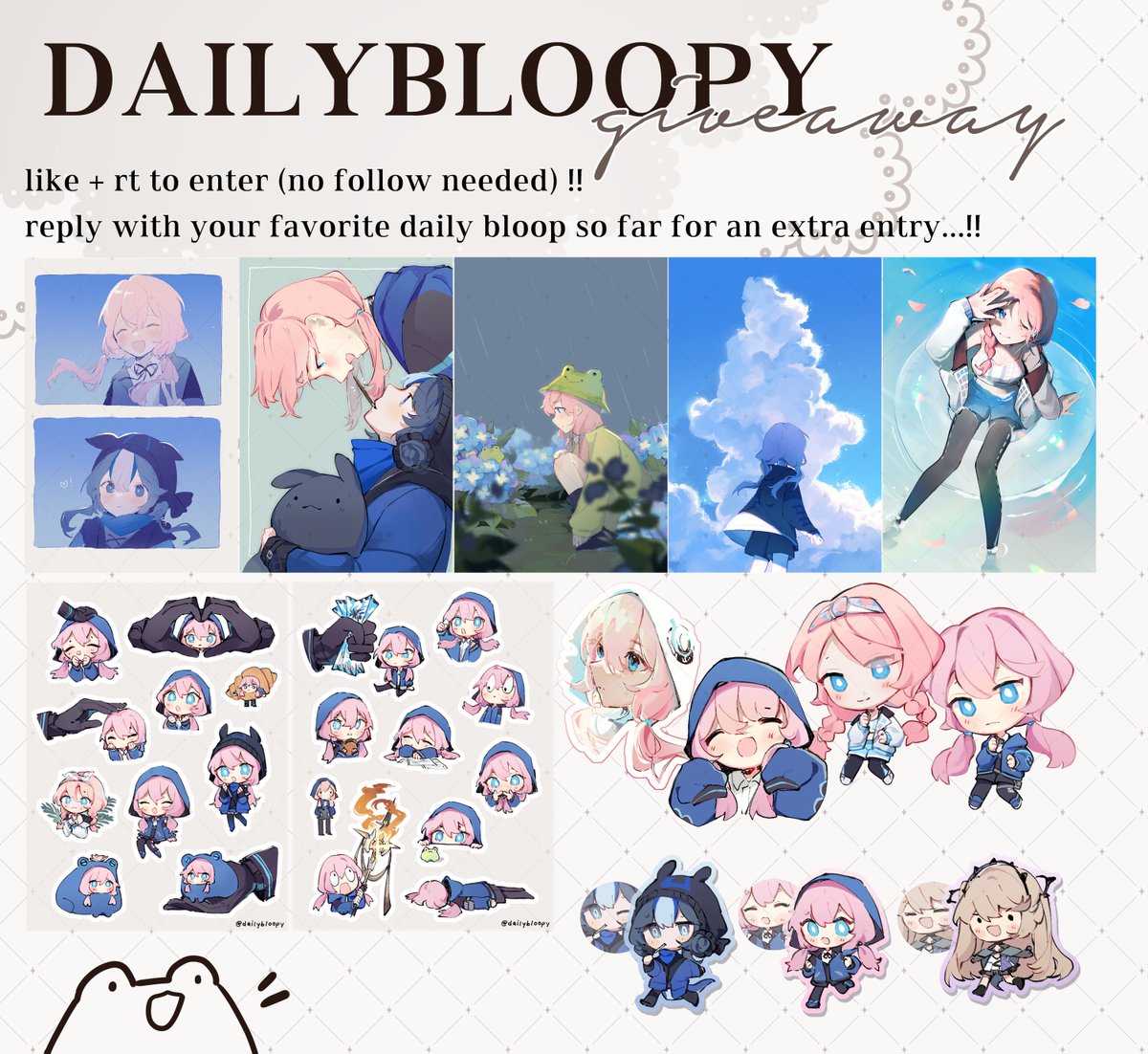 dailybloopy merch giveaway !!🐸

one winner will receive
x1 of all merch from previous drop ✧˖°.

— to enter: like + rt !
reply with your favorite daily bloop for extra entry :&gt;

⏰ends may 4th (5/4)
(more info below)