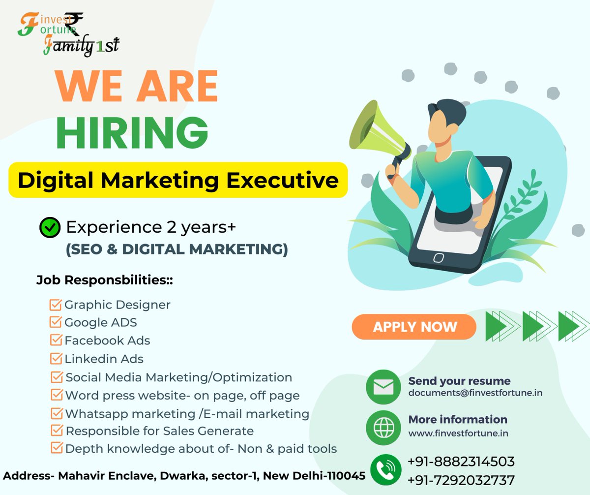 A known is hiring for:
Digital Marketing Executive -> 2+ YOE - 20-25K INR/month
Social Media Intern -> 8-12K INR/month
finvestfortune.in
Interested ones pls contact +91-8882314503
Pls RT for visibility.
#DigitalMarketing #SocialMediaNews