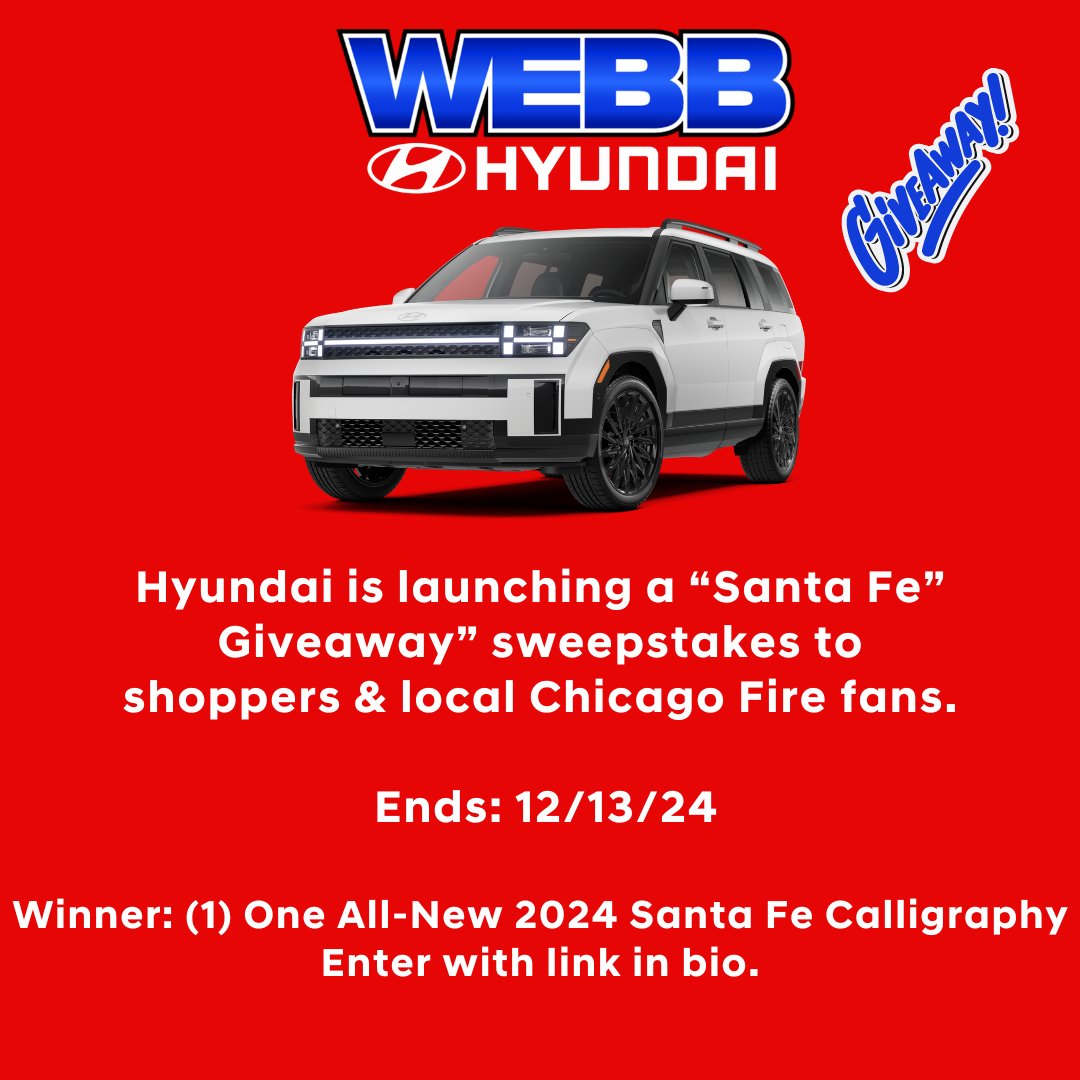 **Calling all adventure seekers! **

Win a brand new 2024 Hyundai Santa Fe Calligraphy & hit the road in style! Retweet & follow to enter. Link to sign-up in bio! 
bit.ly/4dqMBLs
#HyundaiGiveaway #SantaFeCalligraphy #WinACar #FamilyAdventure #webbcars #webbhyundai