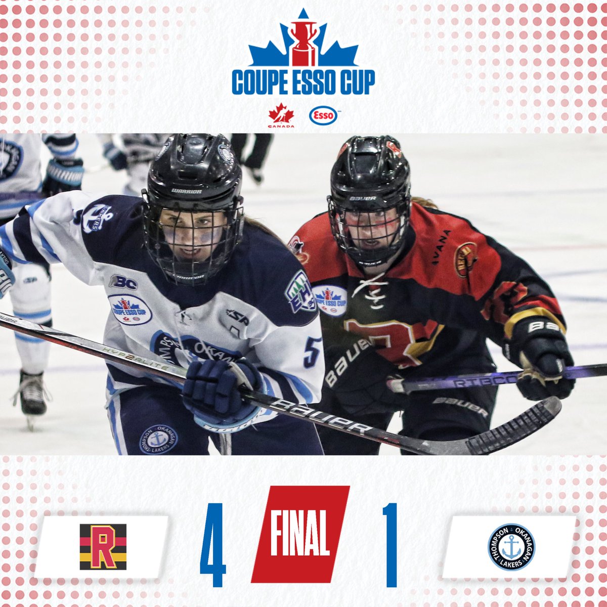 HockeyCanada's tweet photo. GAME OVER! The @ReginaRebels head to the gold medal game with a win over the @TOLakers_aaa.
 
MATCH FINI! Les @ReginaRebels iront au match pour l’or grâce à un gain contre les @TOLakers_aaa.
 
📊 https://t.co/Wu0rwd1Udx
📊 https://t.co/yvPSNQ8CS4
 
#EssoCup | #CoupeEsso https://t.co/FiHTBP0yoY