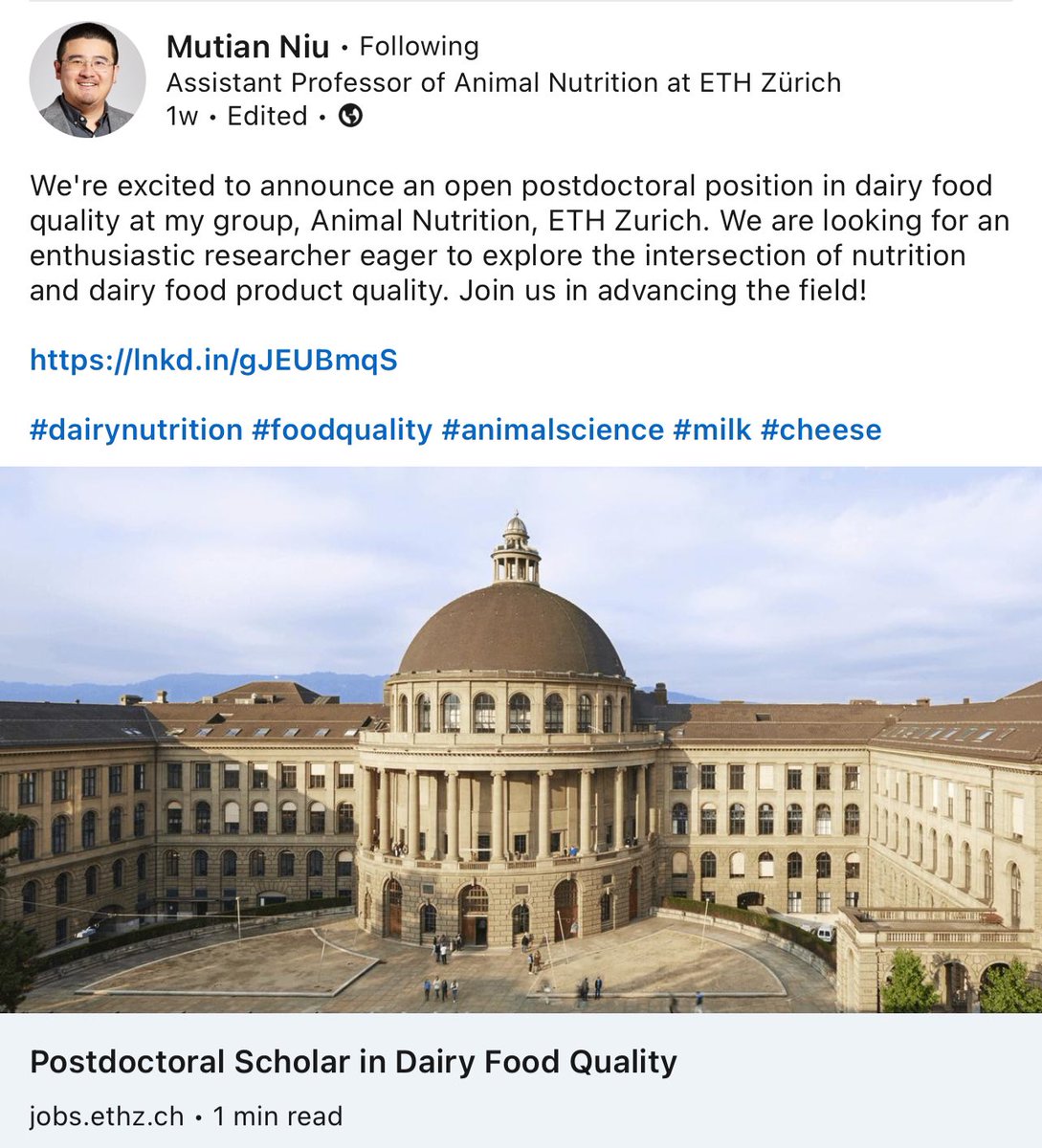 postdoctoral position in dairy food quality in Animal Nutrition, ETH Zurich.

#dairynutrition #foodquality #animalscience #milk #cheese