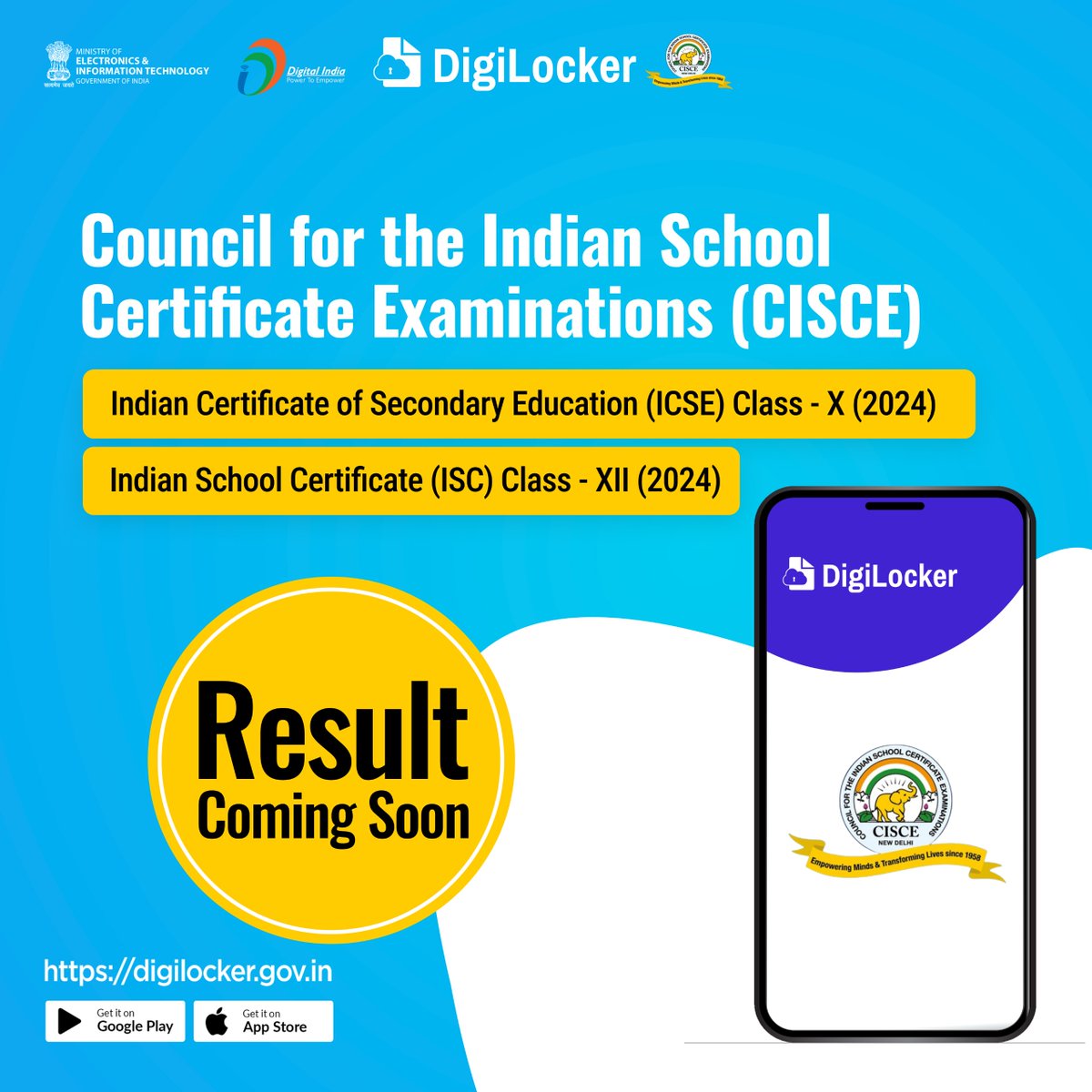 Council for the Indian School Certificate Examinations (CISCE), ICSE Class X and ISC Class XII 2024 results soon on #DigiLocker! Don't have an account yet? Create DigiLocker Account now digilocker.gov.in/installapp #CISCE #ICSE #ISC #resultscomingsoon