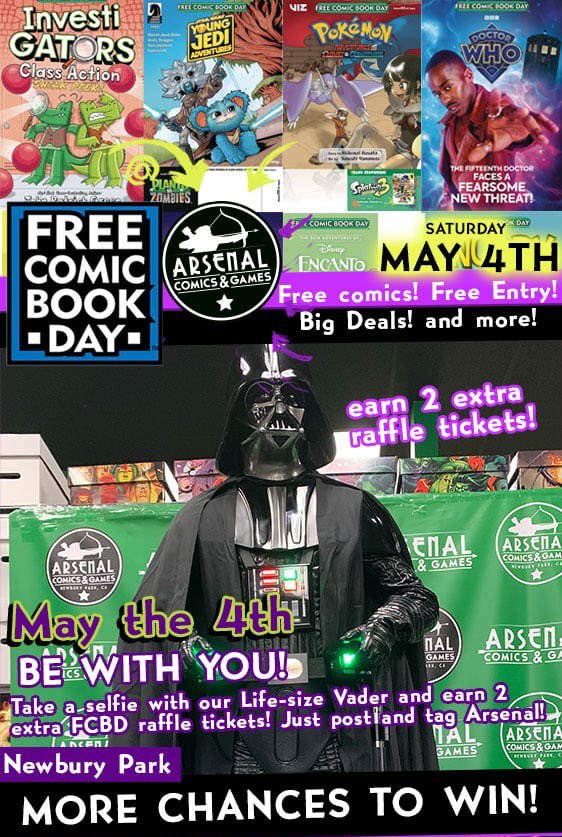 In honor of Free Comic Book Day 2024 falling on May The 4th Be With You, Darth Vader himself has joined Arsenal Newbury for the big day! It wouldn’t be an Arsenal Free Comic Book Day without our annual grand prize raffle AND canned food drive! Now there’s extra ways to earn…