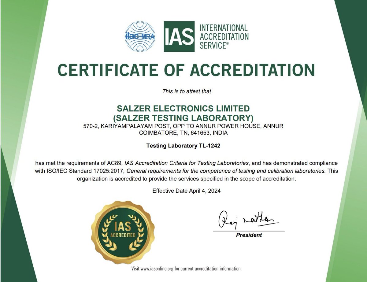 Salzer Testing Laboratory at its Smart Meters Manufacturing facility gets #IAS Accreditation. #salzer #salzertestlaboratory #IASaccreditation #salzerelectronics