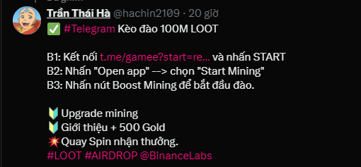 🌟SenderLabs🌟
100 Million 💎 LOOT Token💎 Airdrop 🌟
🛑 Đừng bỏ lỡ cơ hội này 🛑
• Link👉🏼 s.pro.vn/66tQ

[ ⏱️Còn lại 5d 3h] Nhanh tay‼️
• Nhận Airdrop 🚀🚀
• Hướng dẫn mình để trong ảnh nha

$BTC $BNB #ETH  #BTC  #Megadrop  #BinanceLaunchpool
@SenderLabs