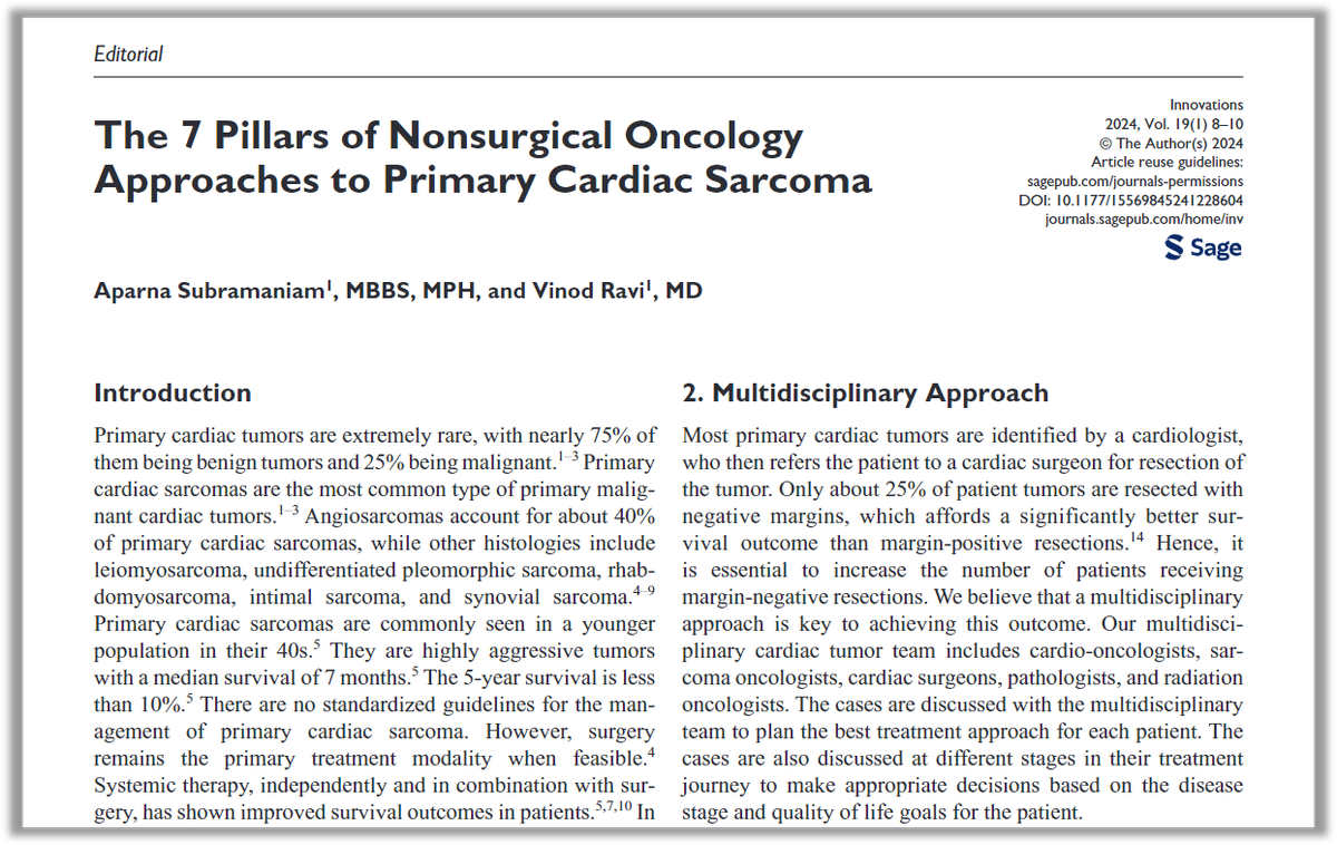 2⃣nd article in our Jan/Feb 2024 Focused Topic Series, Drs Subramaniam and @vinodravi highlight what they consider to be the 7 pillars of nonsurgical oncology approaches to the management of primary cardiac sarcoma

Read free: doi.org/10.1177/155698…