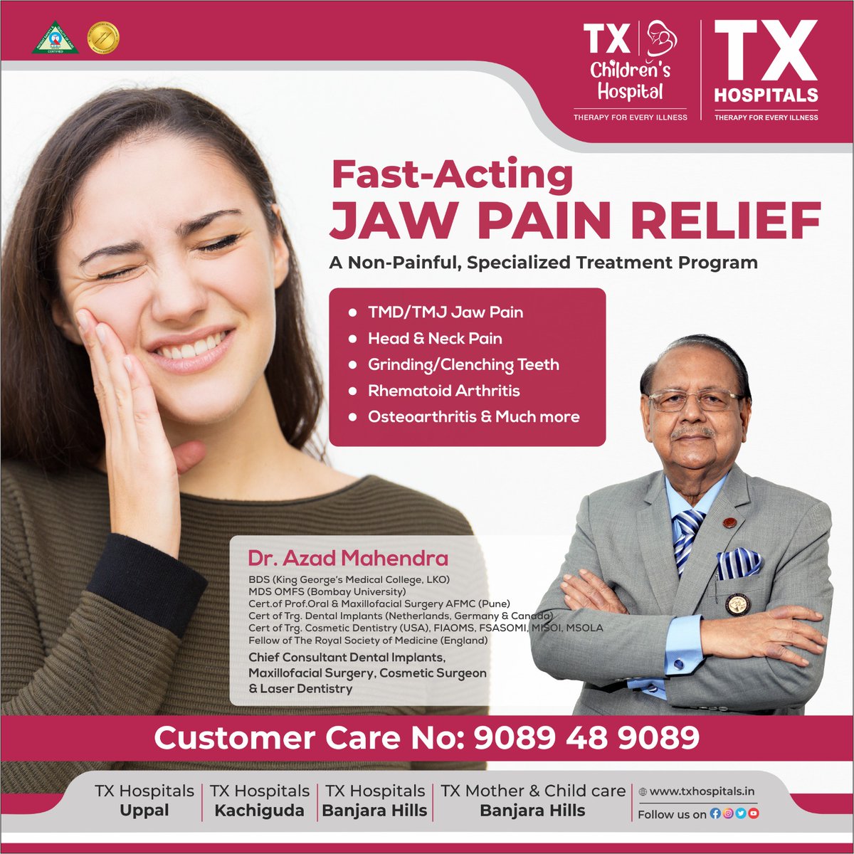 Relieve jaw pain fast with Dr. Azad Mahendra! Specializing in TMD/TMJ, arthritis, and more. 🦷✨ Book Now: txhospitals.in/specialities/d… Call Now: 9089489089 #JawPainRelief #TMJTreatment #DentalHealth