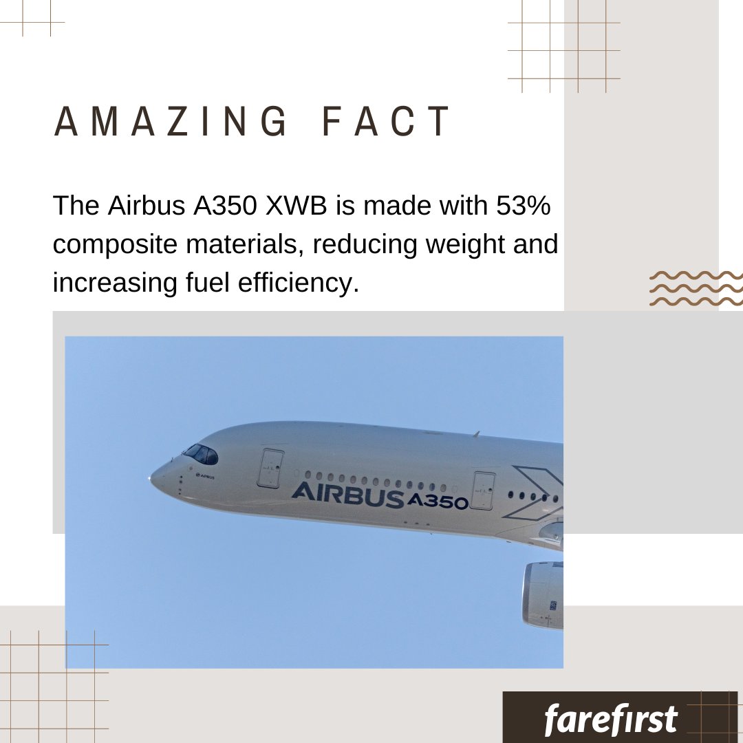 Fact of the day 🫢

The Airbus A350 XWB is made with 53% composite materials, reducing weight and
increasing fuel efficiency

#FareFirst #cheapflights #travel #wanderlust #vacation #explore #travelblog #exploretocreate