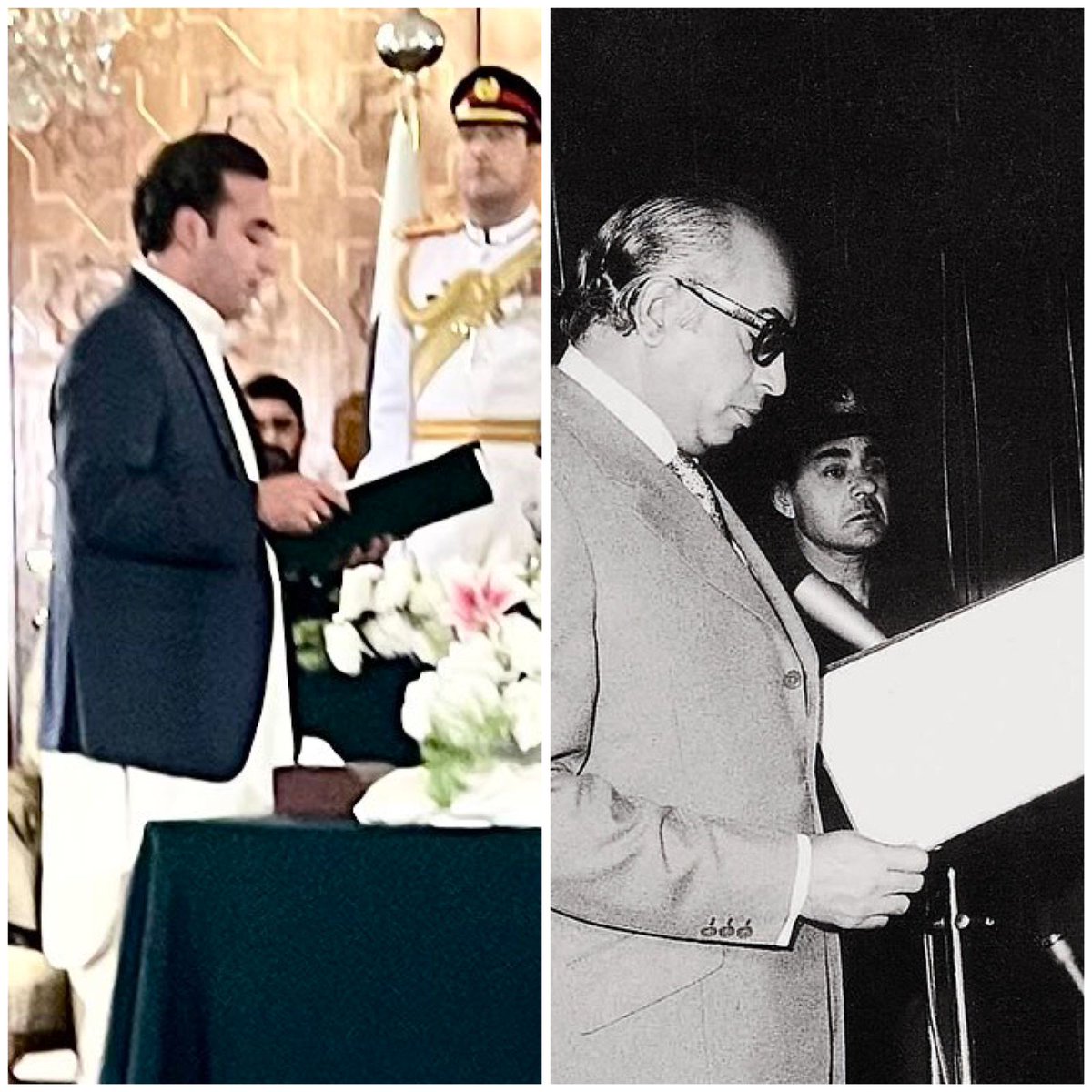 Shaheed Zulfikar Ali Bhutto was sworn in as the youngest Foreign Minister of #Pakistan on January 24, 1963. Fast forward to April 27, 2022, when Chairman @BBhuttoZardari took his oath as Pakistan's youngest Foreign Minister, marking a historic milestone. 💚🤍 #HistoricDay