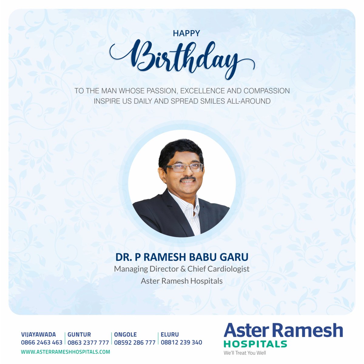Heartiest greetings to a doctor and leader par excellence. Best wishes for health and success as you continue to make a difference to people's lives. Happy Birthday!

#asterrameshhospitals #happybirthday #bestwishes #drprameshbabu #doctor #leaderparexcellence #ManagingDirector