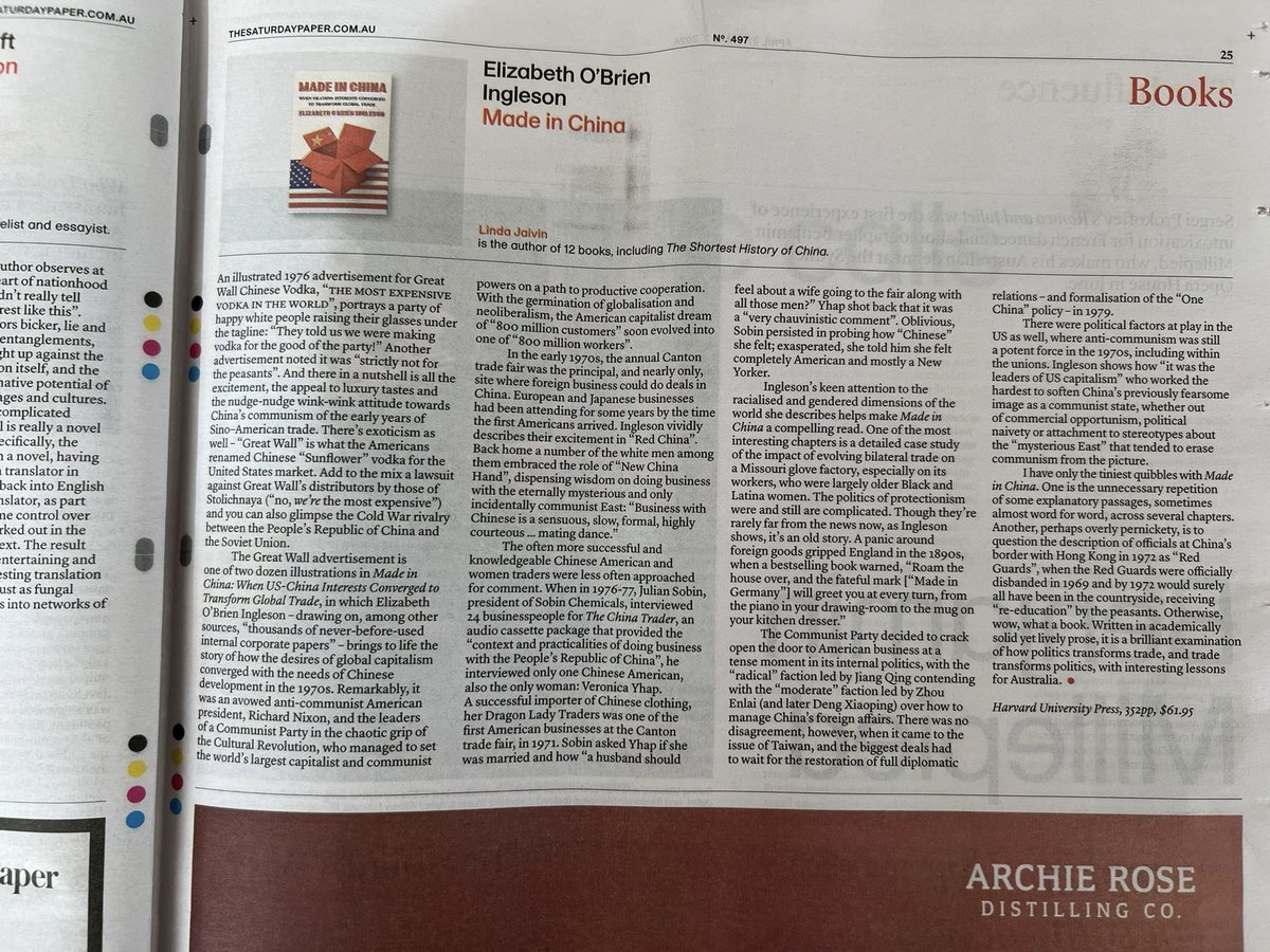 My book has been reviewed in the @SatPaper! Linda Jaivin writes, it’s “a brilliant examination” “Ingleson’s keen attention to the racialised and gendered dimensions of the world she describes helps make Made in China a compelling read.” And her conclusion: “wow, what a book” 🤩