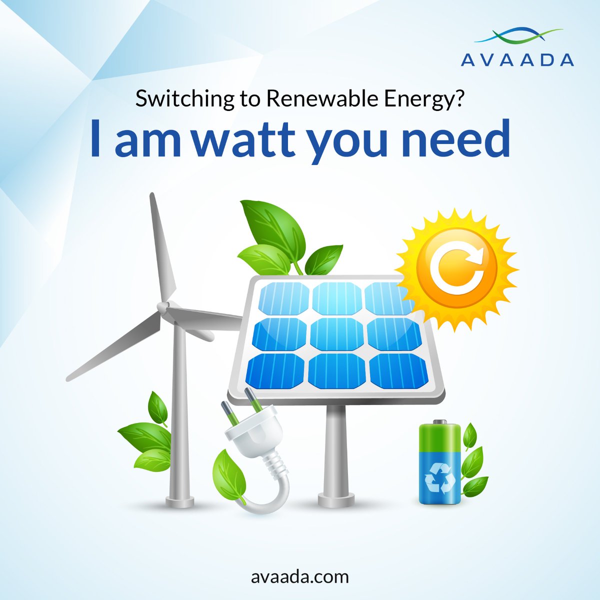 Power up with renewables – We are watt you need!

Click to know more: tinyurl.com/3z79u3hc

#AvaadaGroup #AvaadaPuns #RenewableEnergy #MakeTheSwitch
