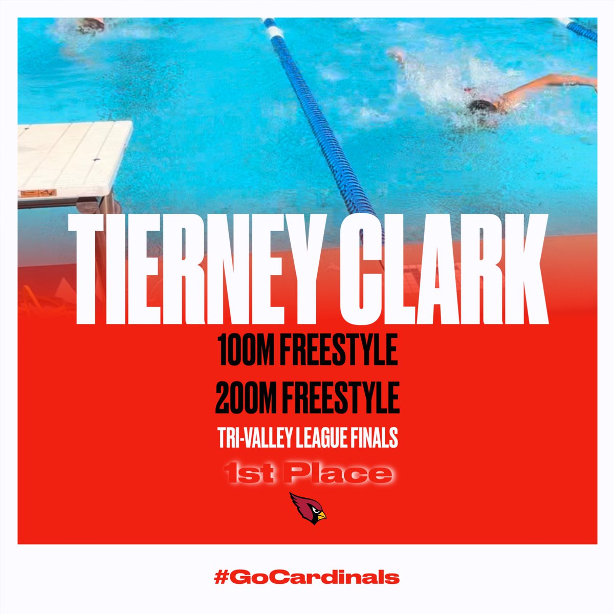 👏Congratulations to Tierney Clark for her 1st place finishes in both the 100 Freestyle and 200 Freestyle at the Tri-Valley Finals. Next up is CIS-SS Finals Tuesday & Thursday 🏊‍♀️ 

#GoCardinals