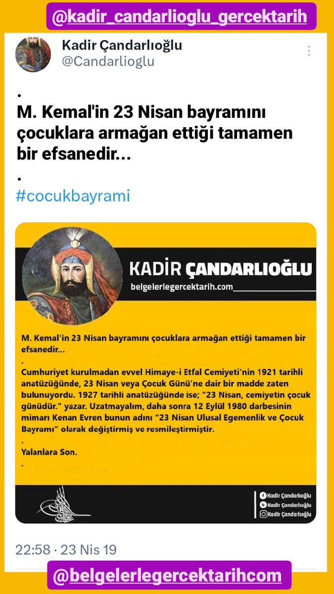 @Candarlioglu @Candarlioglu
.
M. Kemal'in 23 Nisan bayramını çocuklara armağan ettiği tamamen bir efsanedir...
.
#cocukbayrami
.
x.com/Candarlioglu/s…