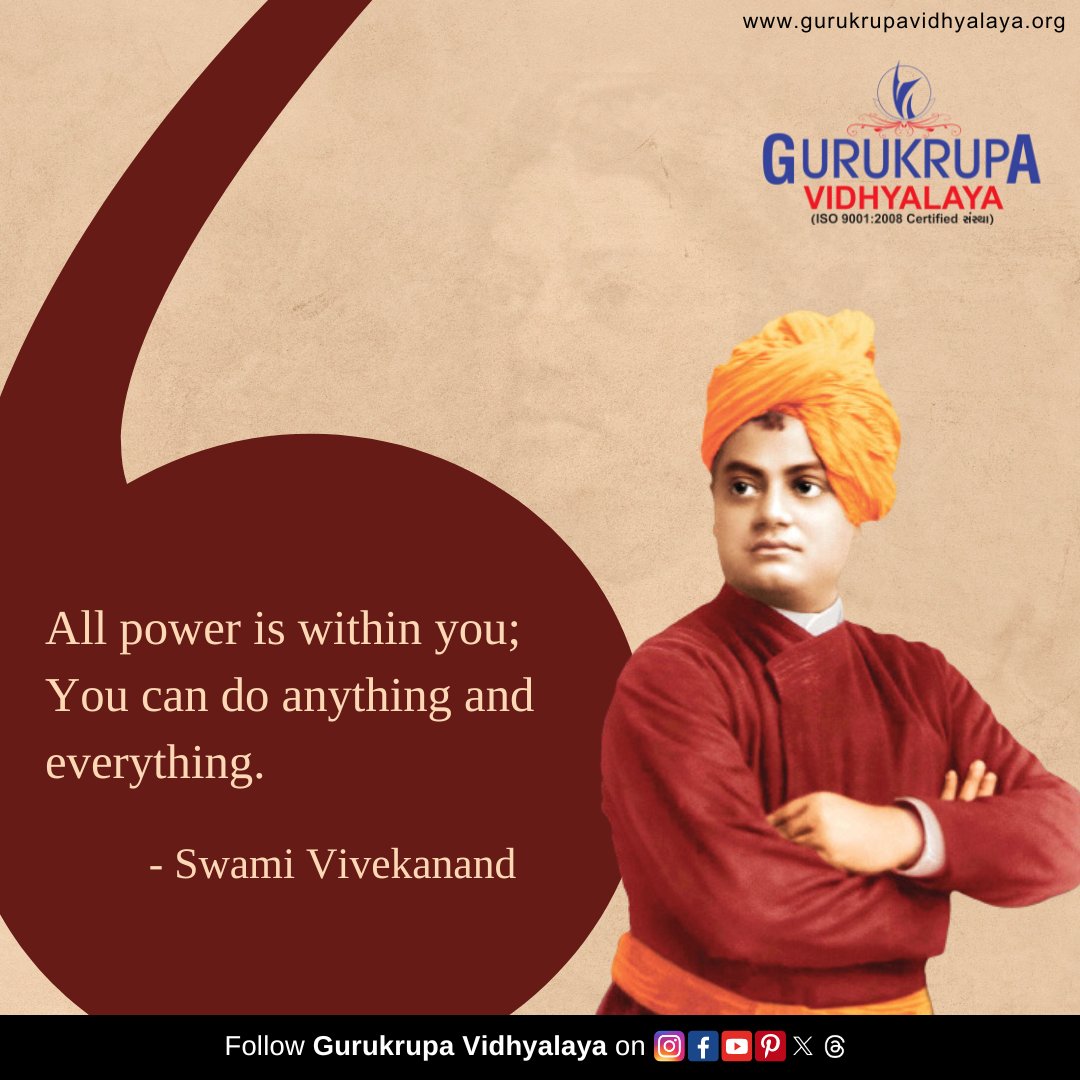 Unlock the Power within You! Learn how Swami Vivekanand inspires to believe 'you can do anything, everything.' Discover motivation at Gurukrupa Vidhyalaya.

[Motivation by Swami Vivekanand, Education Quotes]

#motivationalquote #swamivivekanandaquotes #inspirationalwords