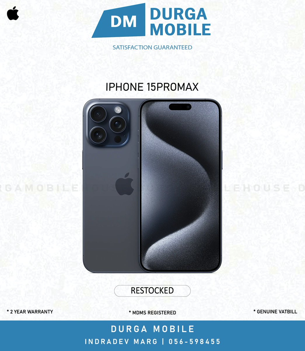 IPHONE 15PROMAX | RESTOCKED 📍INDRADEV MARG 📞056-598455 🚚 DELIVERY ALL OVER NEPAL 💭 VISIT OUR SHOWROOM FOR MORE INFORMATION SOCIAL MEDIA : facebook.com/durgamobilehou… instagram.com/durgamobilehou… twitter.com/imdurgamobile . #durgamobilehouse #iPhone #iphone15promax #Apple #offers
