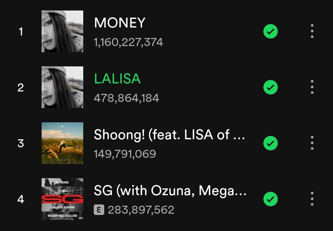 21.2M streams to go for LALISA to reach 500M streams on Spotify 🔗open.spotify.com/track/2KZ3sNqP… #LISA #LALISA #MONEY #SG #SHOONG
