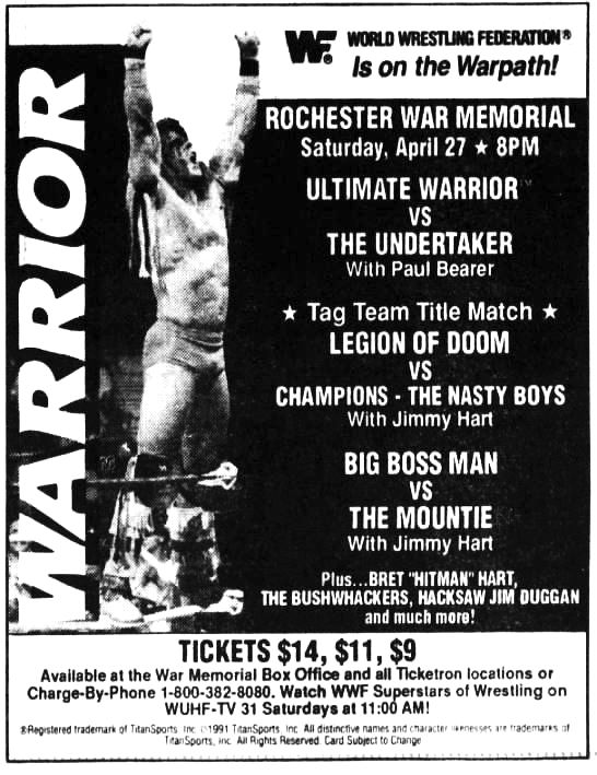 On this day in 1991: The WWF at the Rochester War Memorial in Rochester, New York! 🤼 #WWF #WWE #Wrestling #Undertaker #UltimateWarrior
