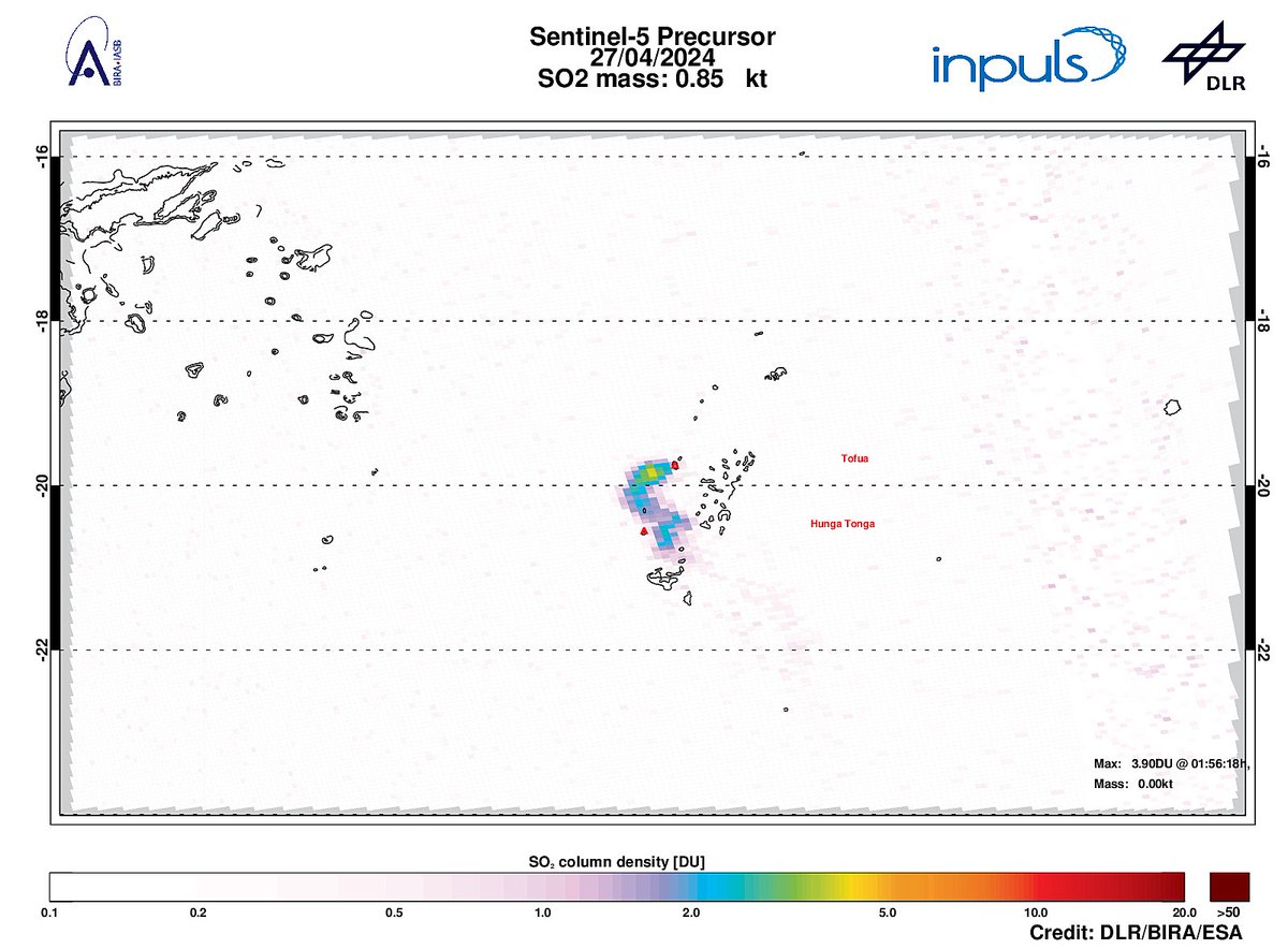 On 2024-04-27 #TROPOMI has detected an enhanced SO2 signal of 3.90DU at a distance of 27.6km to #Tofua. Other nearby sources:  #Hunga Tonga. #DLR_inpuls @tropomi #S5p #Sentinel5p @DLR_en @BIRA_IASB @ESA_EO #SO2LH